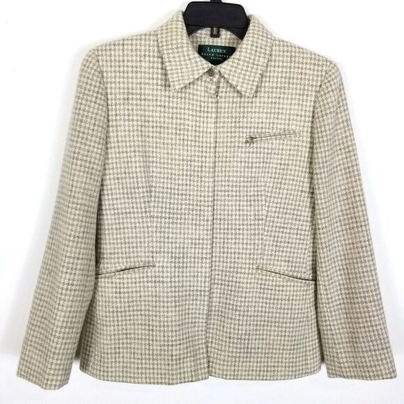 Lauren Ralph Lauren Women's 100% Wool  Houndstooth Zip Up Blazer  Sz 8 P Gray - Picture 1 of 5